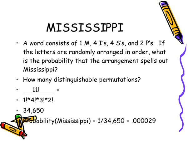 in how many distinct permutations of the letters in mississippi