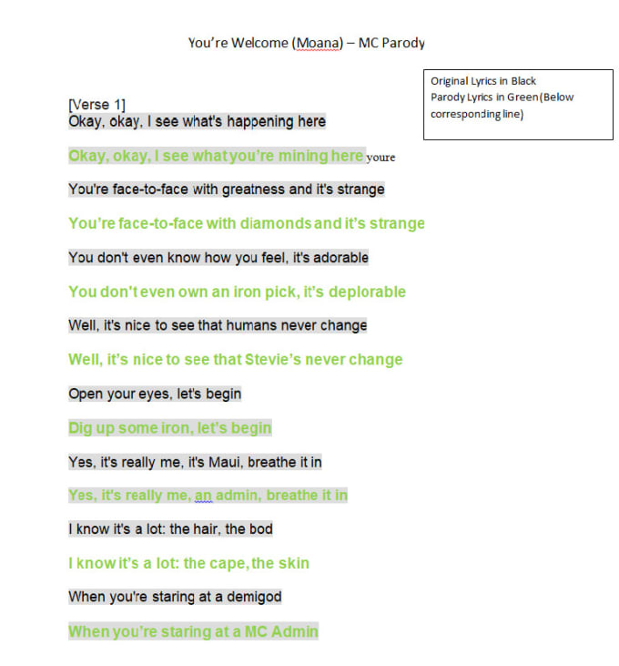 minecraft parody lyrics