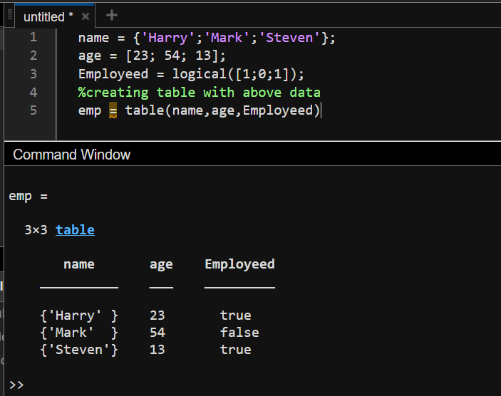 matlab table to array