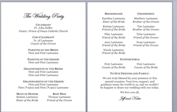 catholic wedding program template without mass