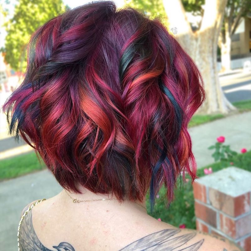 short burgundy hair with highlights