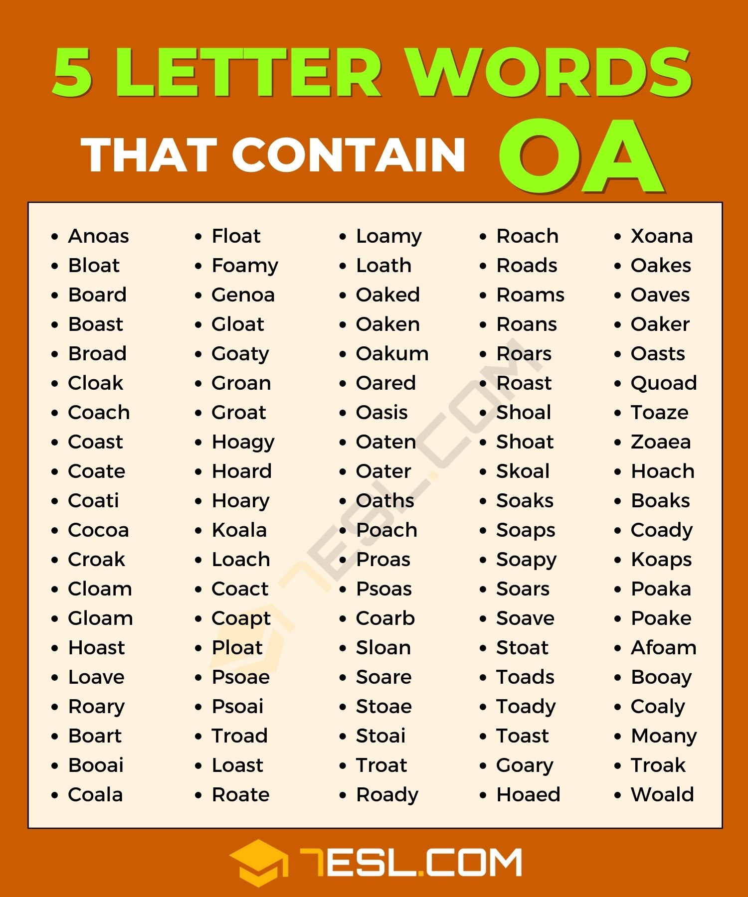 5 letter words ending in oa