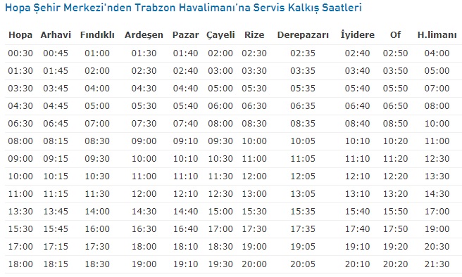 havaş hopa trabzon kalkış saatleri