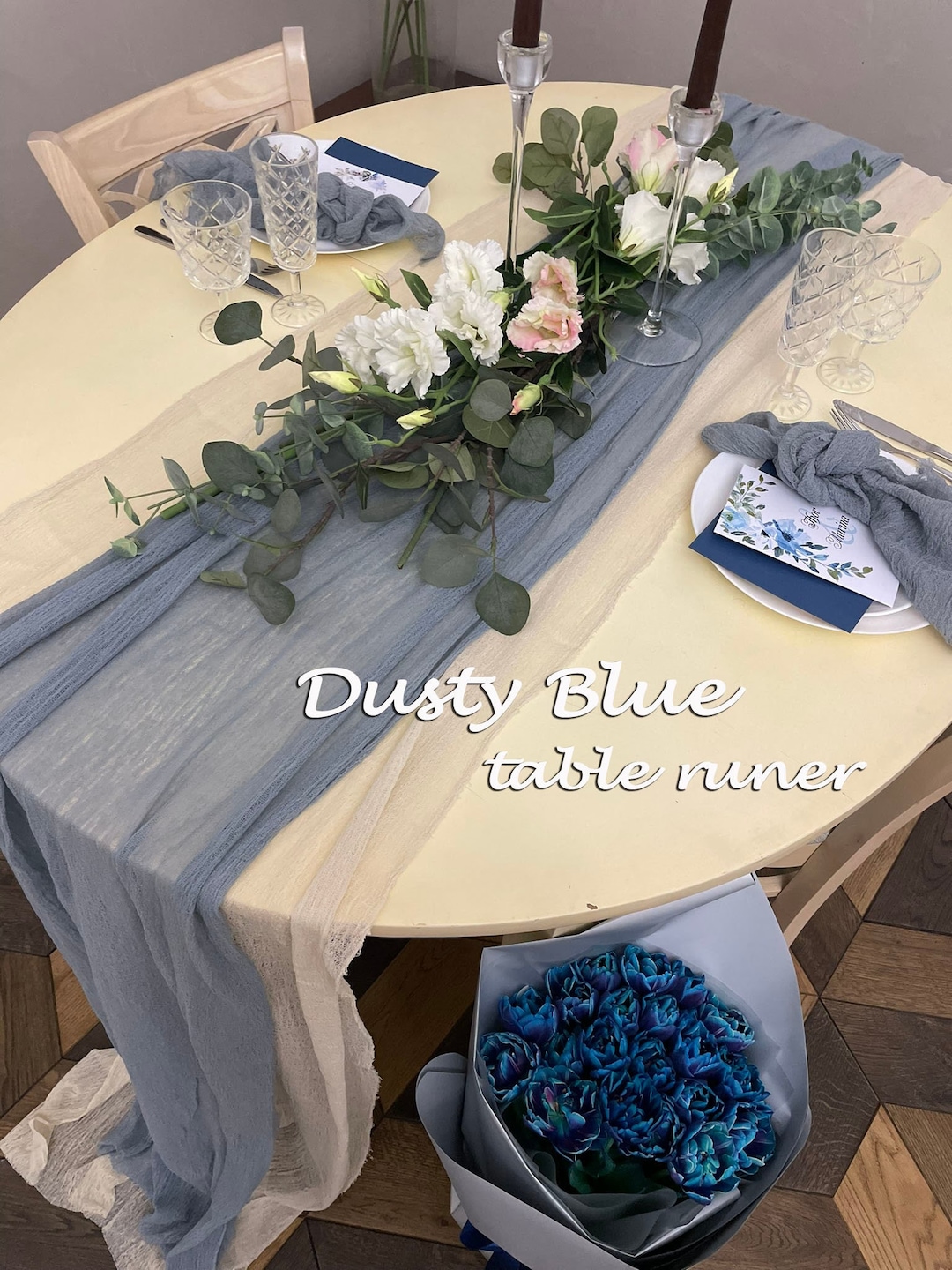 dusty blue table linens