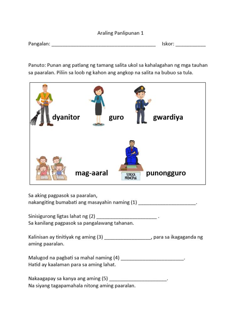 1st araling panlipunan grade 1 worksheets