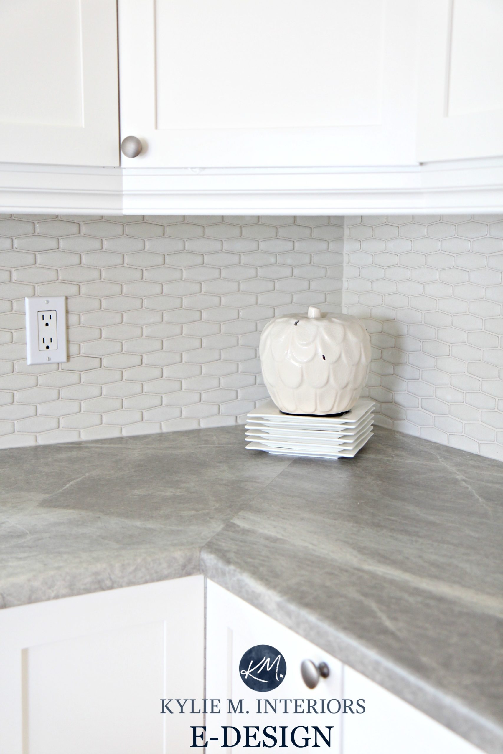 gray laminate countertops with white cabinets