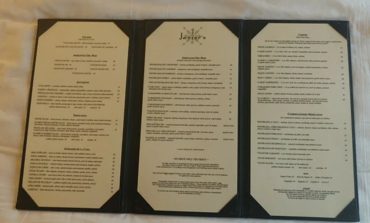 javiers las vegas menu