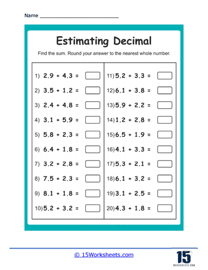 estimating adding and subtracting decimals worksheets