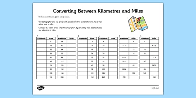 kilometers to miles conversion chart