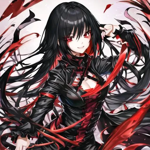 anime girl with black hair and red eyes