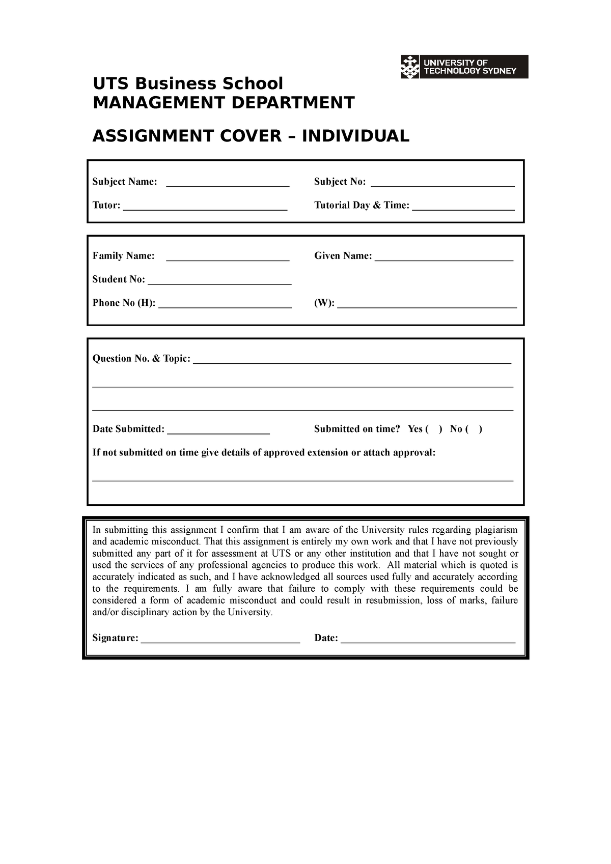 uts assignment cover sheet