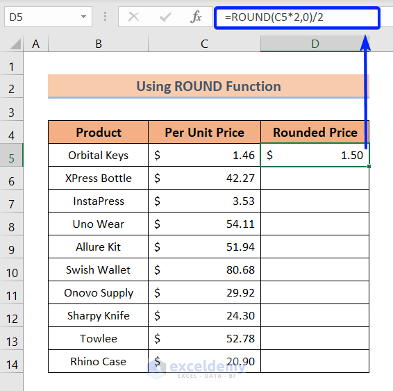 excel round to nearest 50 cents