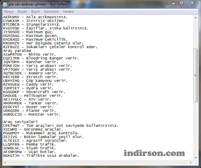 gta san andreas şifreleri indir