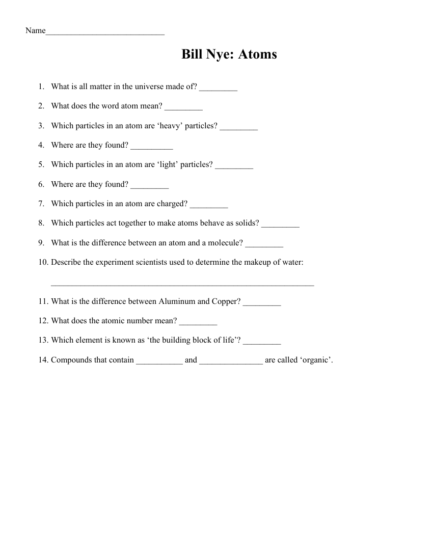 bill nye atoms worksheet