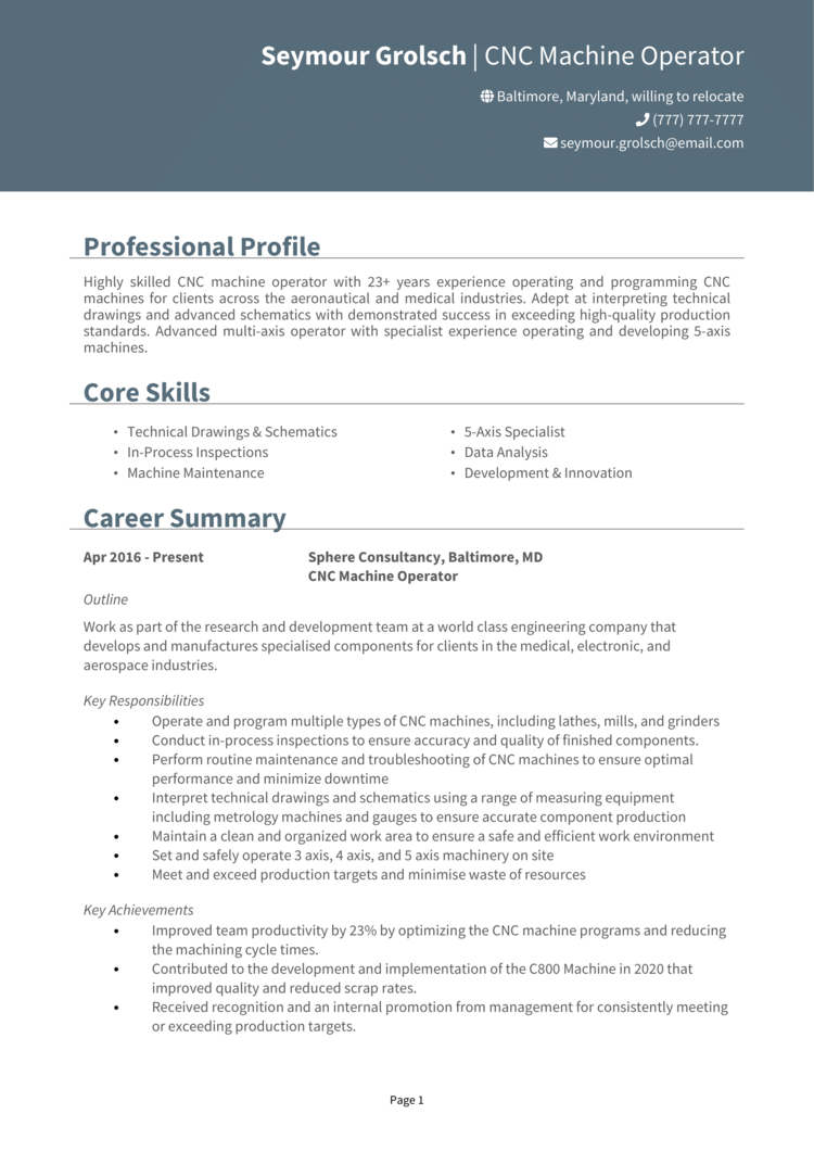 cnc operator resume