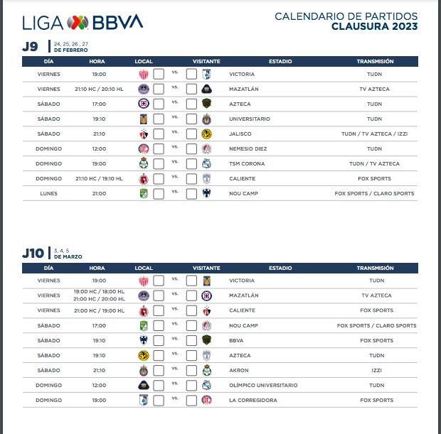 calendario futbol mexicano 2023