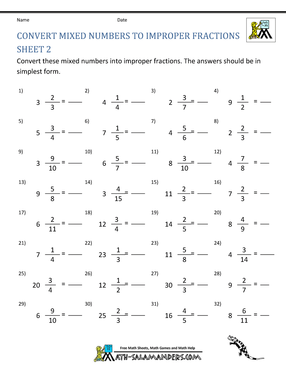 fractions improper to mixed worksheets