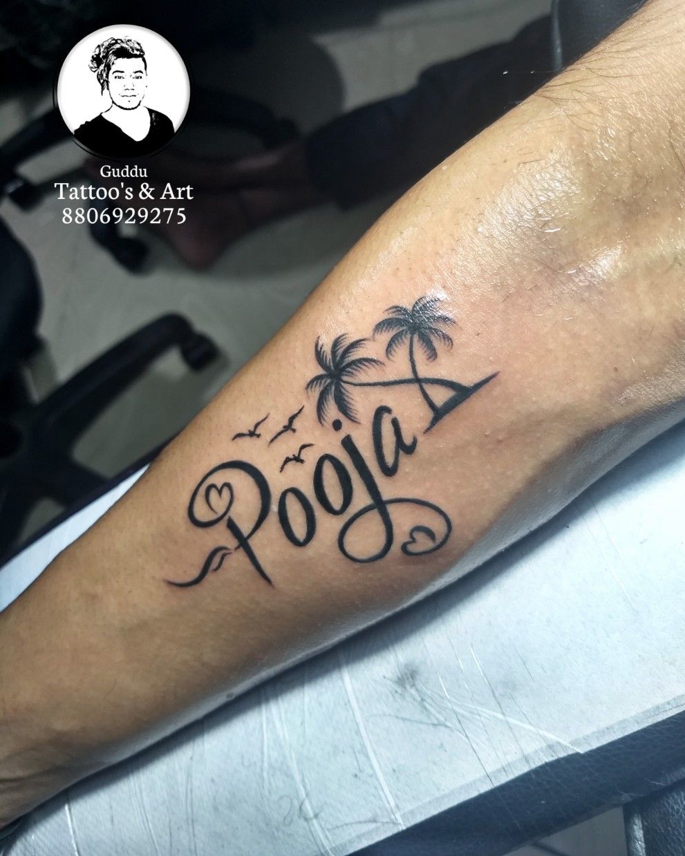 pooja name tattoo in hand