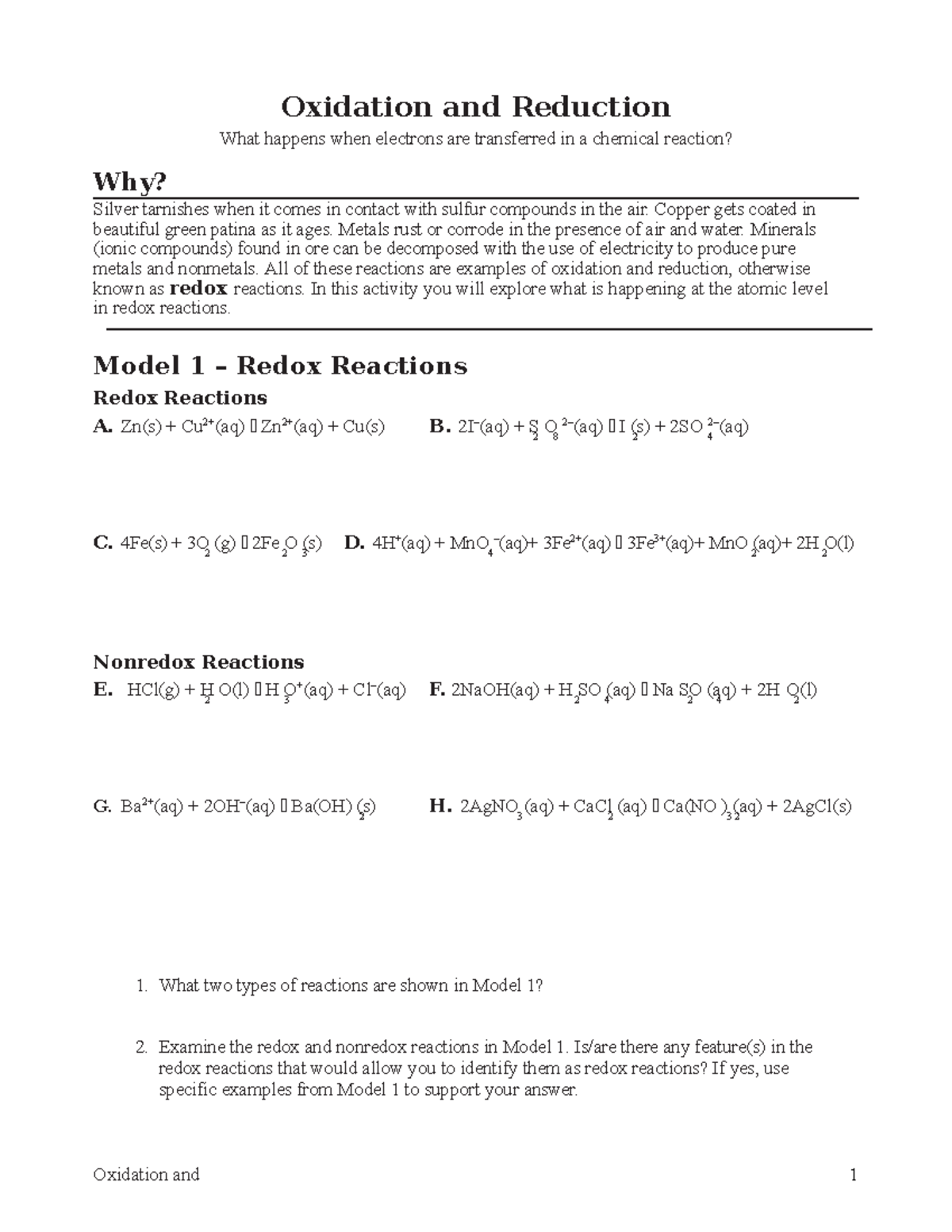 oxidation reduction pogil