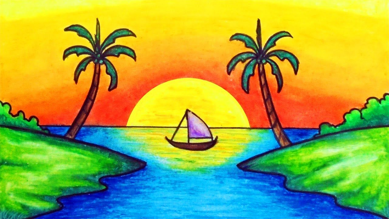 sunset scenery drawings for children