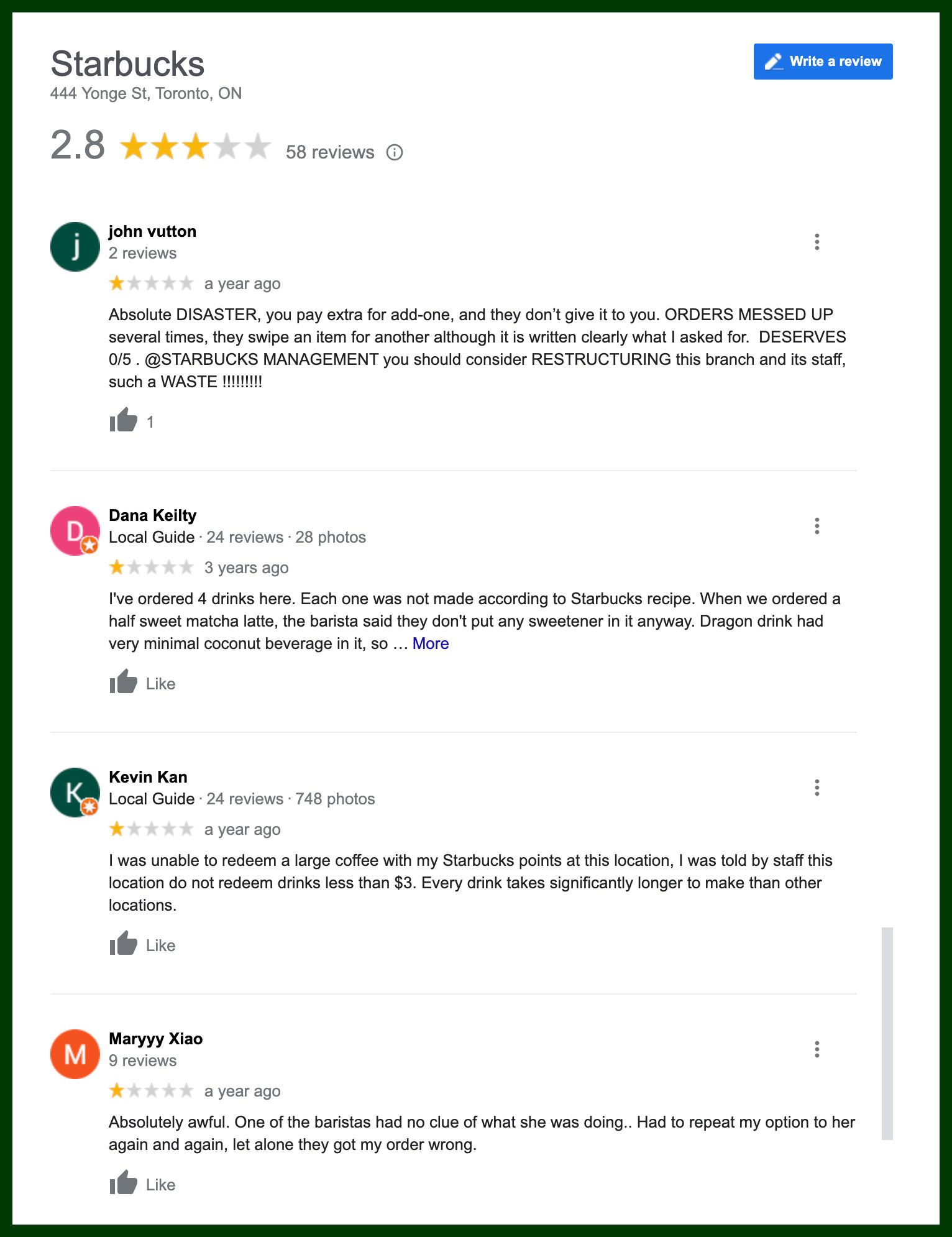 starbucks toronto reviews