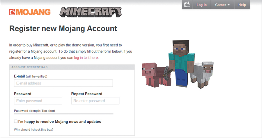 mojang minecraft register