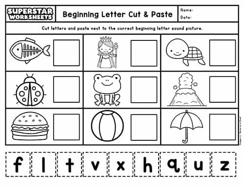 beginning sounds cut and paste worksheets