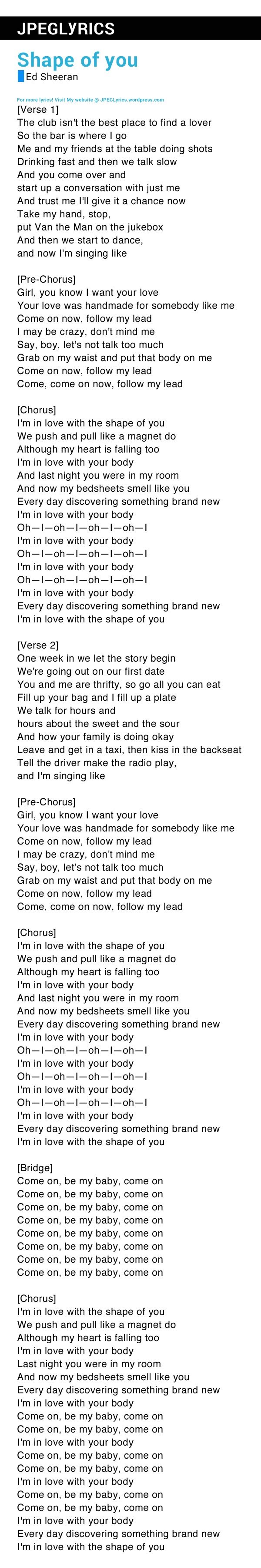 ed sheeran shape of you with lyrics