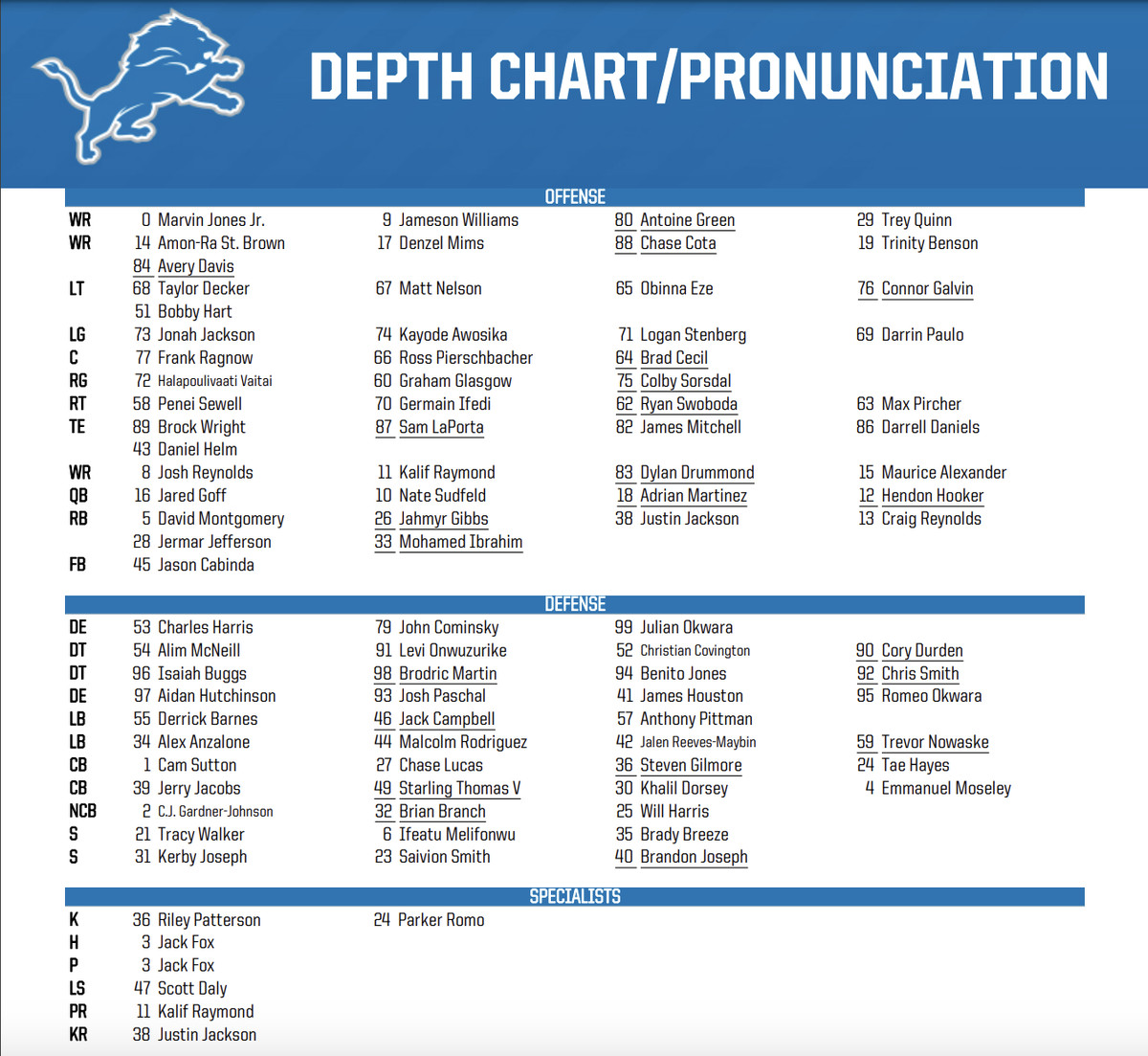 lions depth chart