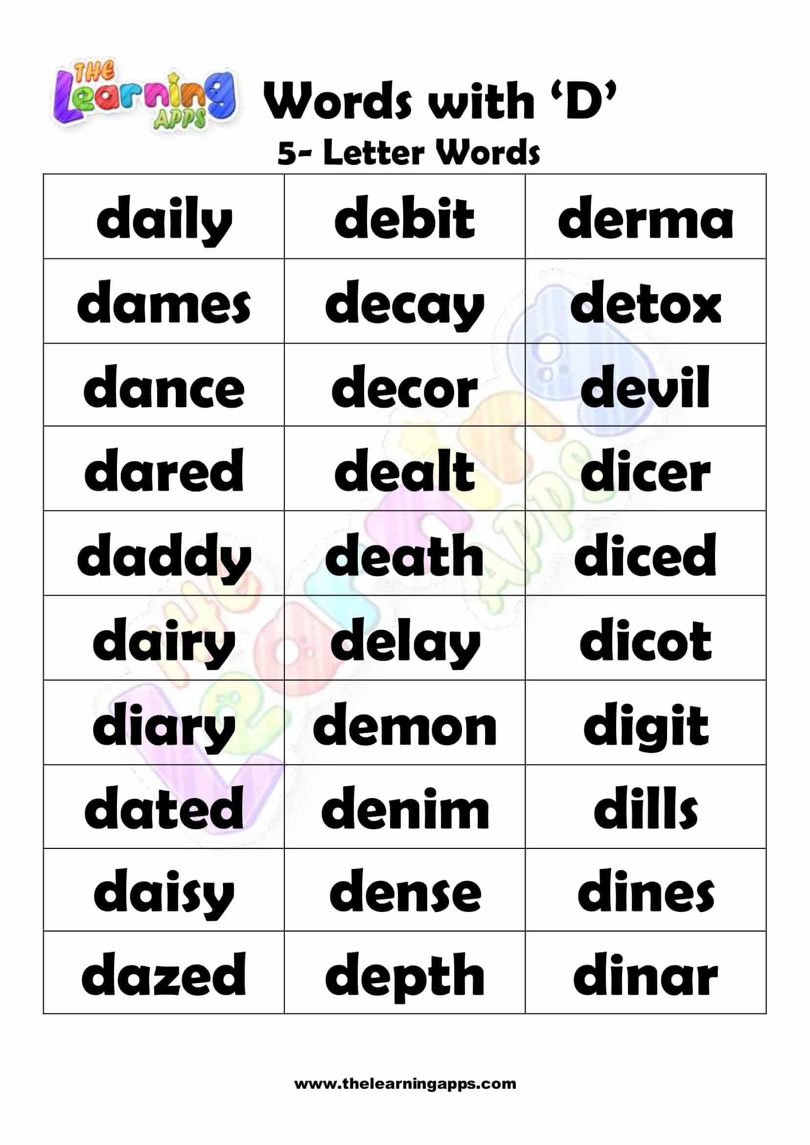 five letter words beginning with d