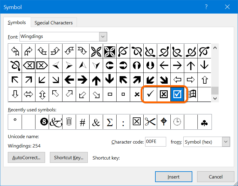 alt key for check mark