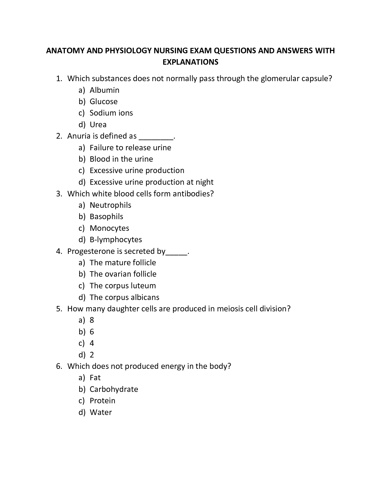 anatomy and physiology quiz nursing