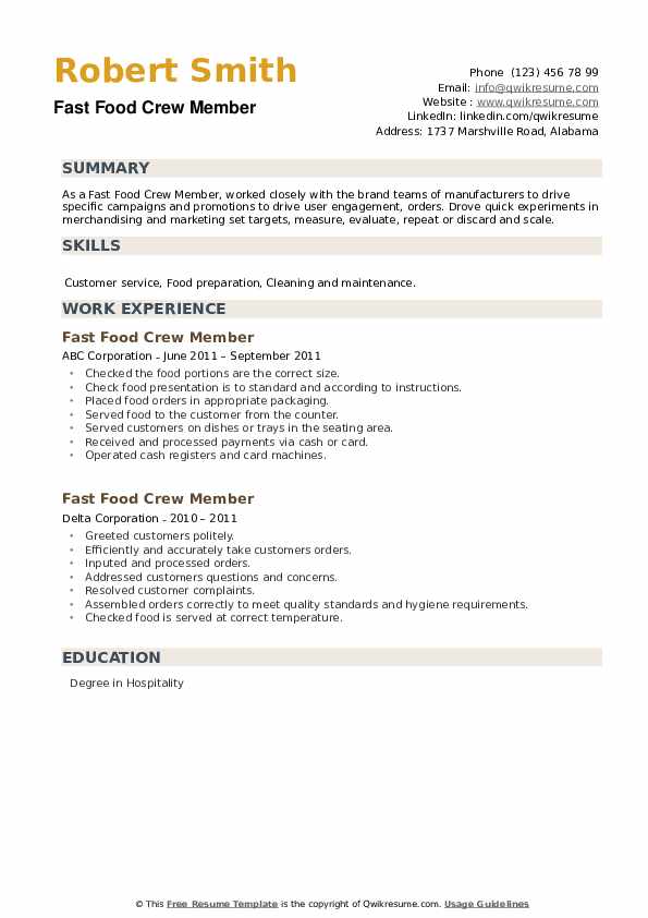 objectives in resume for fast food crew