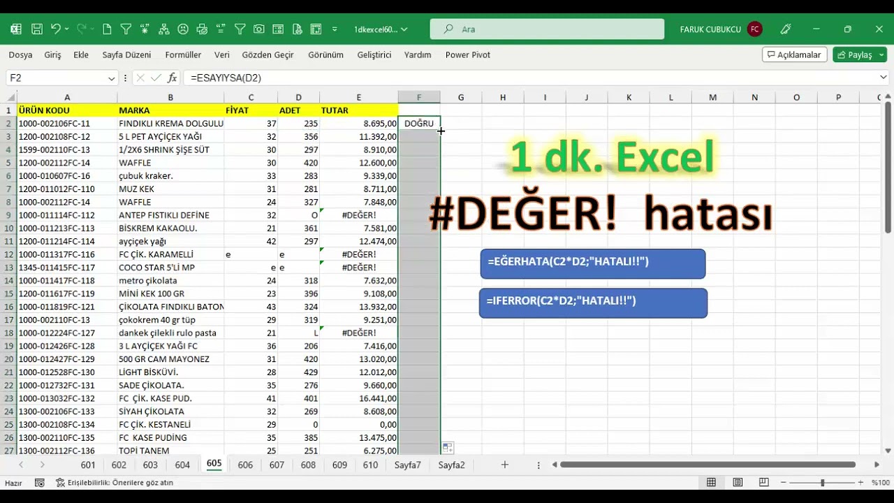 excel bölme işlemi değer hatası