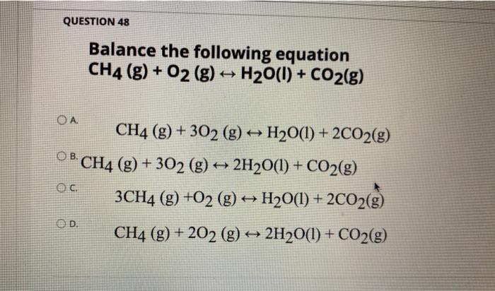 ch4 o2 co2 h2o balanced equation