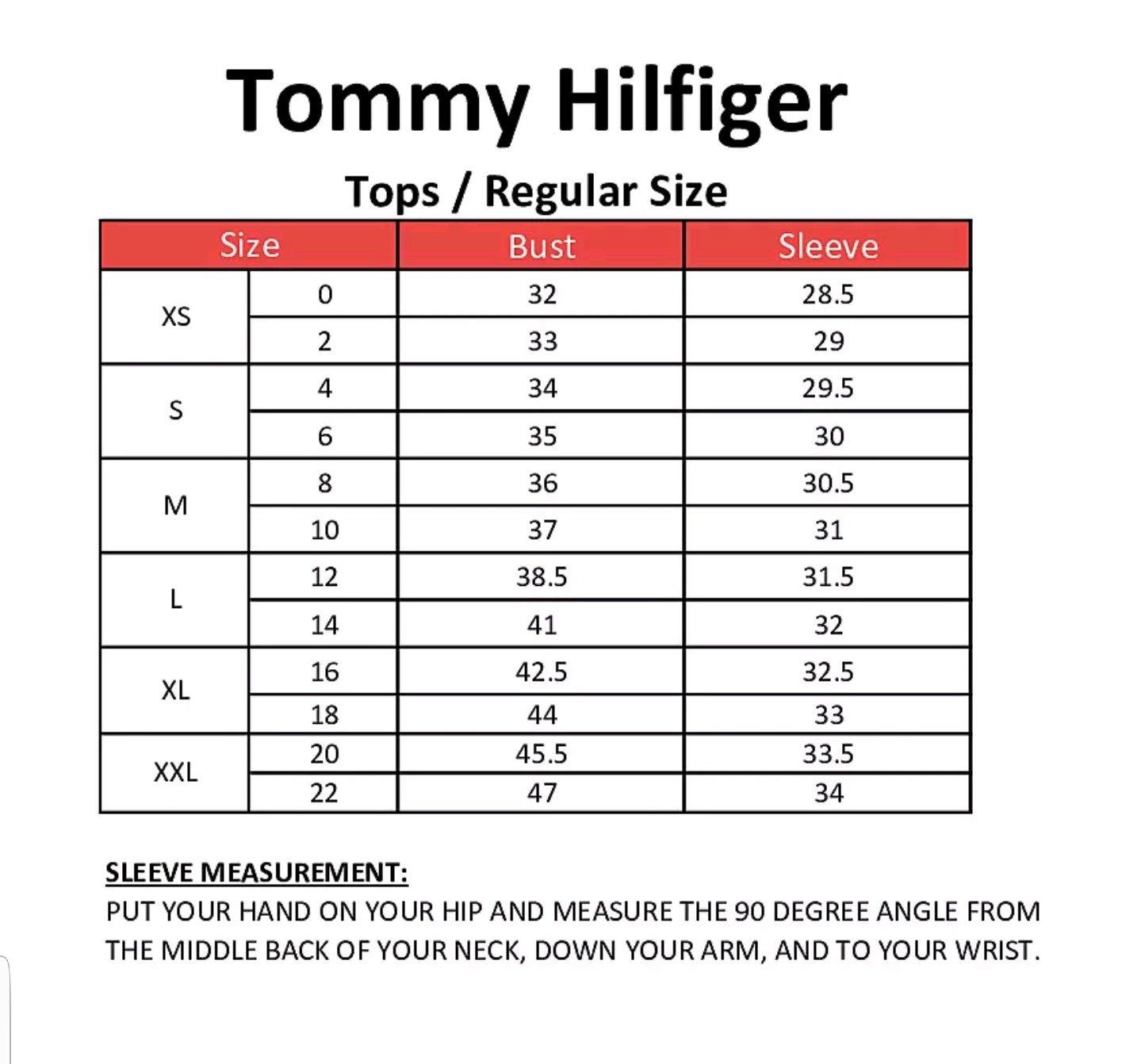 size chart for tommy hilfiger