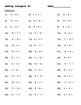 6th grade integers worksheet