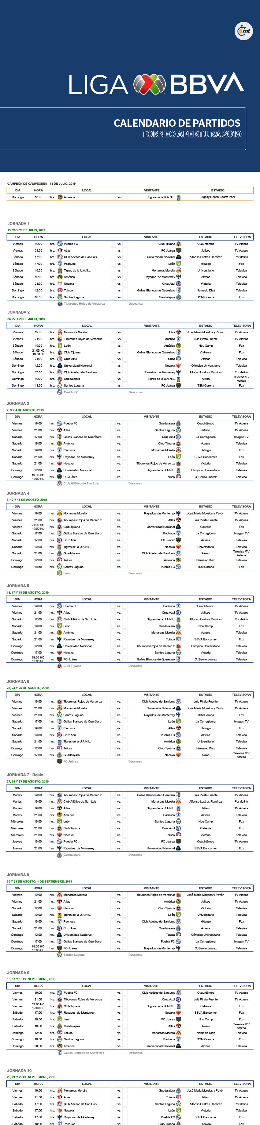 calendario pumas clausura 2019