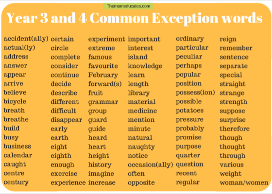 common exception words year 3 and 4