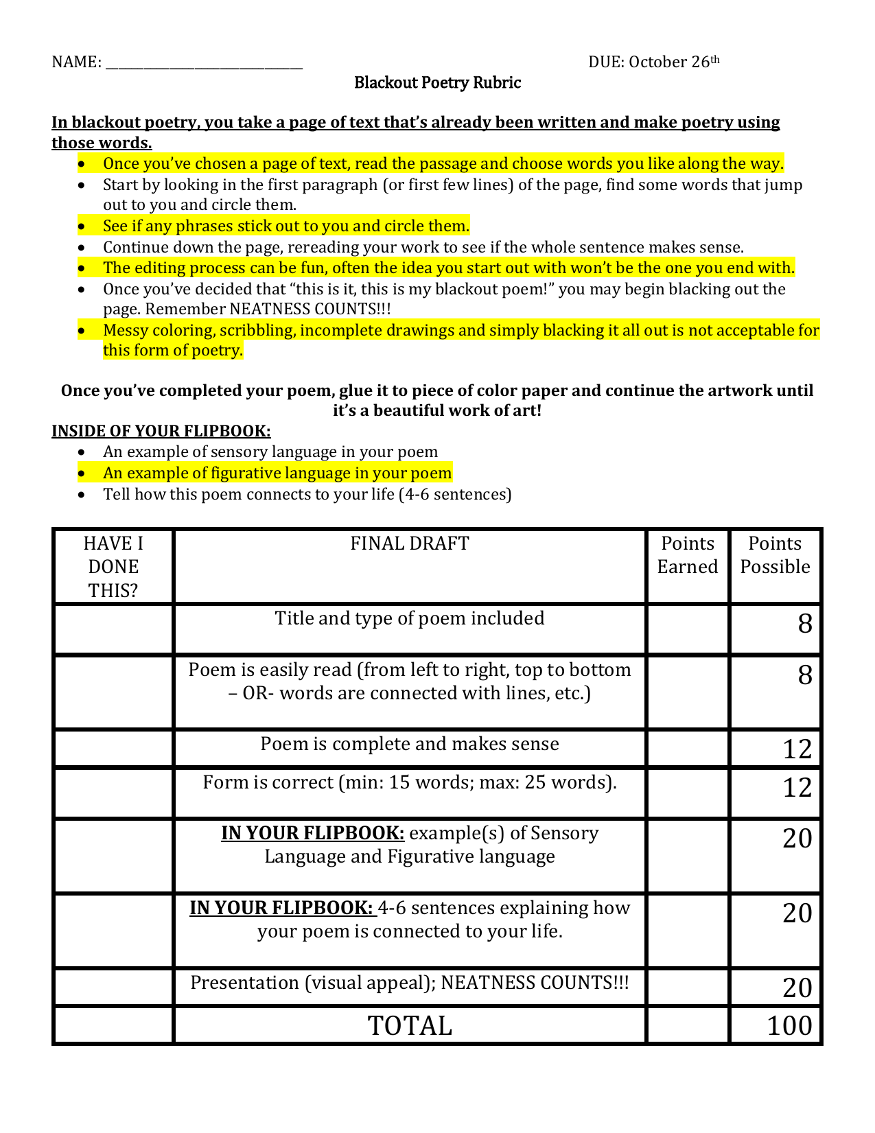 blackout poetry rubric