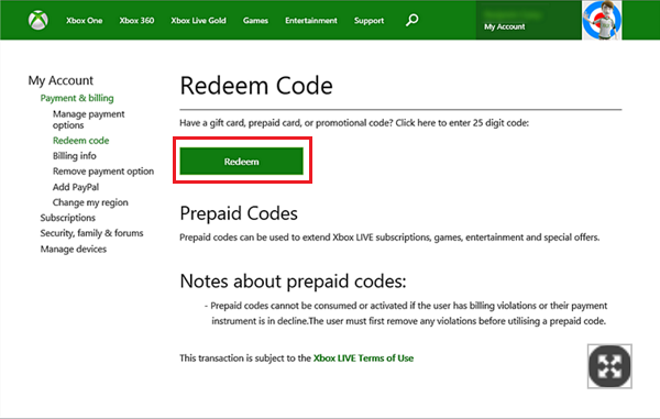 how to redeem code for xbox live