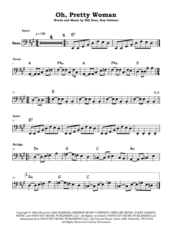 oh pretty woman bass tab