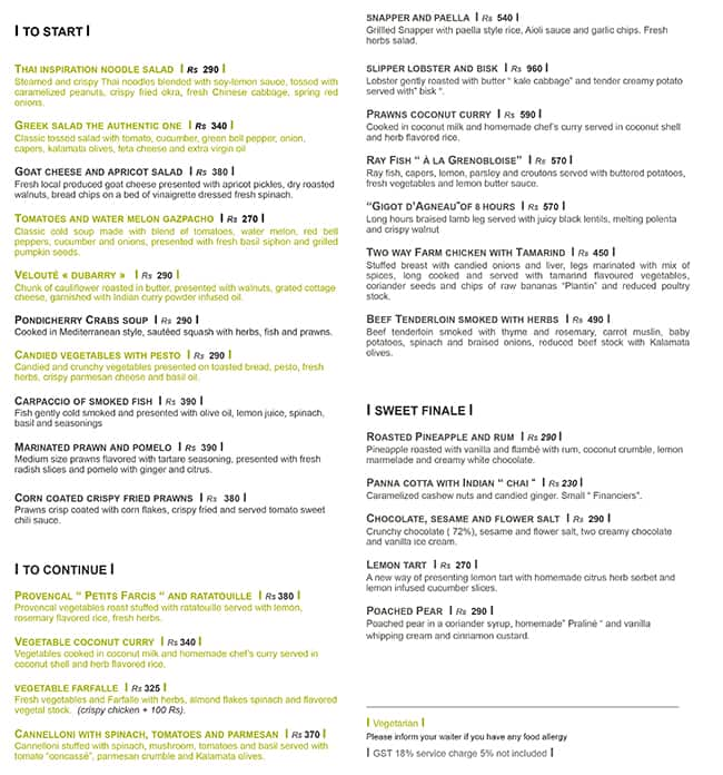 la villa pondicherry menu