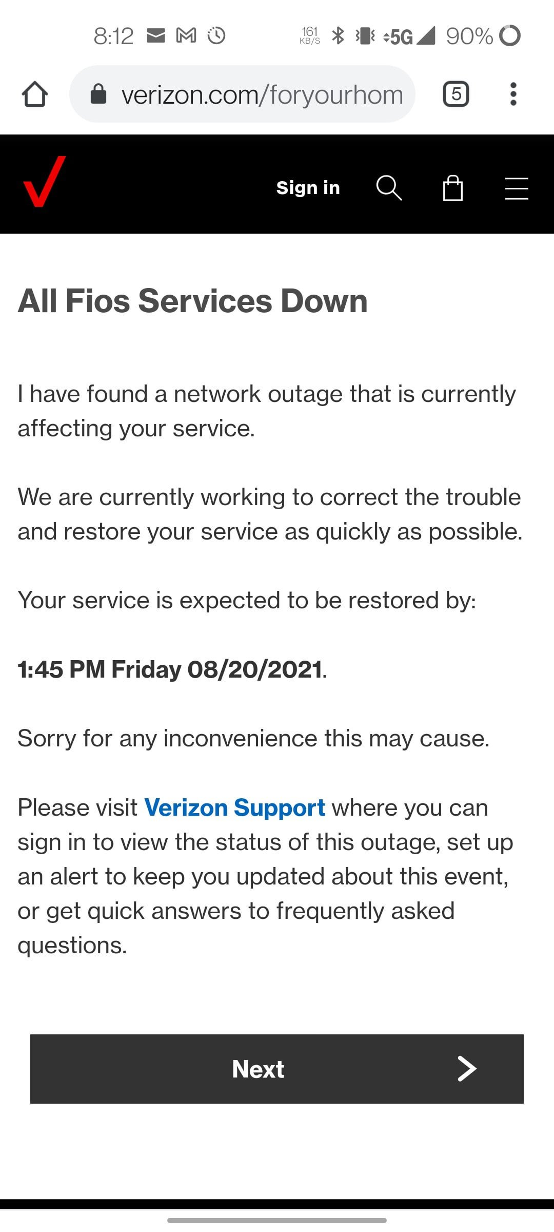 verizon network down today