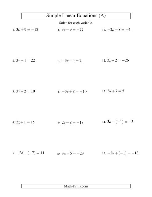 simple linear equations worksheet pdf