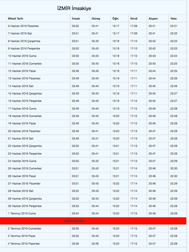 izmir yatsı kaçta okunuyor