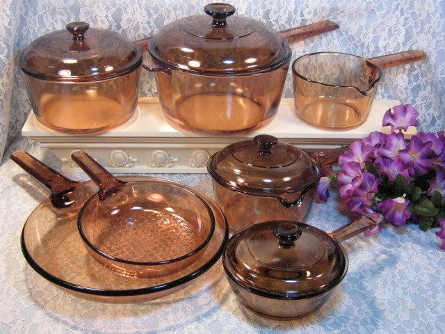 brown glass saucepans