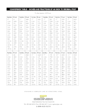 decimals of a foot chart