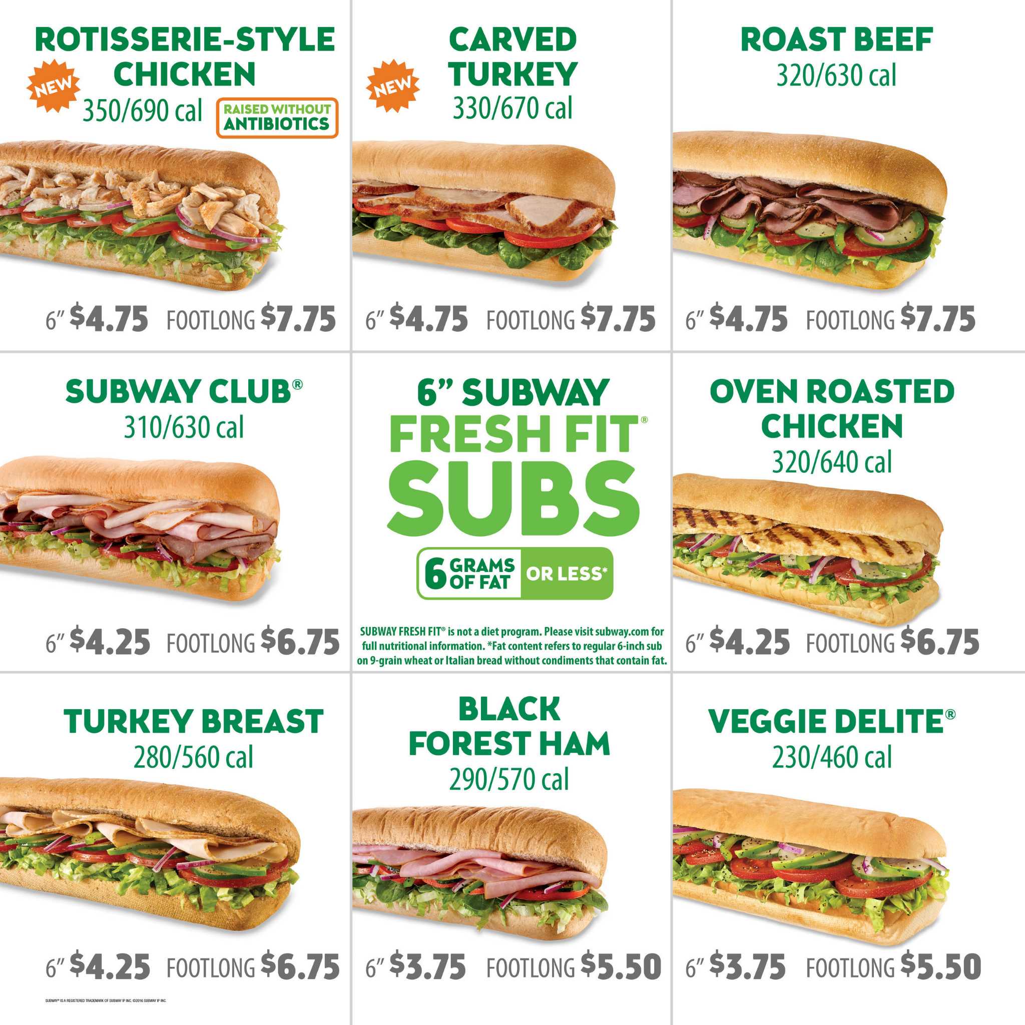 6 inch sub calories