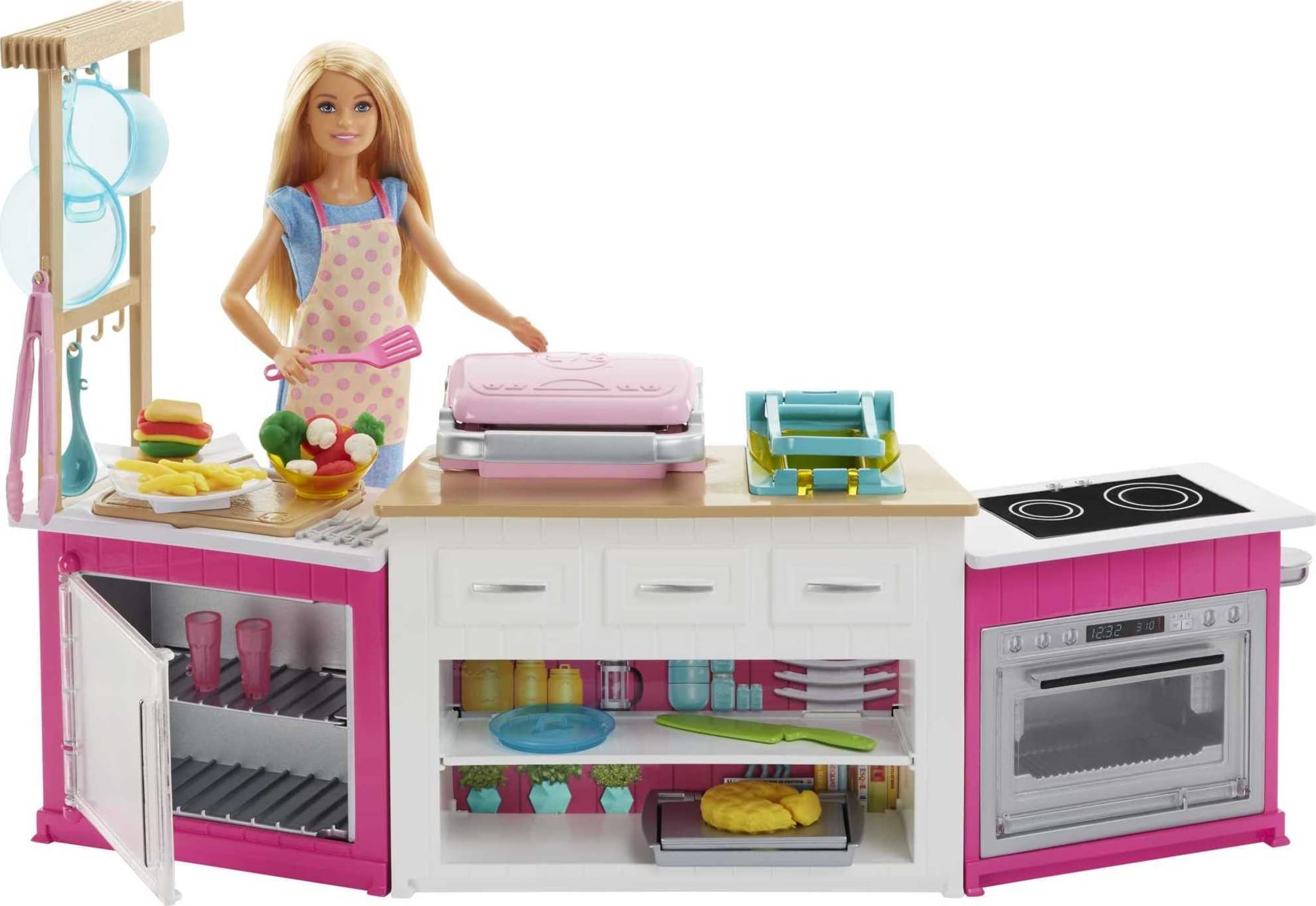 barbie doll and kitchen set